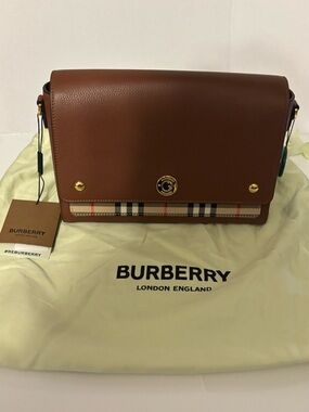 NWT* Burberry Note Crossbody Bag Leather with Vintage Check Canvas Medium